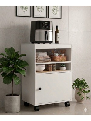 La Bella Dizayn Tekerlekli Çok Amaçlı Mutfak Adası Airfryer ve Kahve Makinesi Standı Banyo Düzenleyici