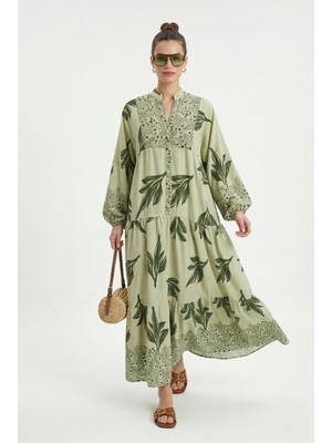 Ritnice Kadın Modest New Freya Yeşil Kadın %100 Viskon Maksi Boy Katlı Balon Kol Uzun Yazlık Elbise