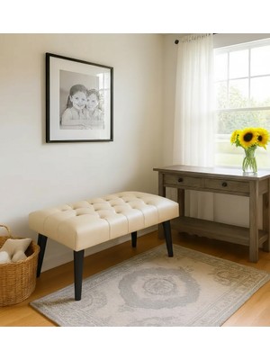 Waterybrook Bench Bank Puf - Suni Deri - Siyah Ahşap Ayaklı - Retro Modern Tasarım & Dekoratif Sehpa