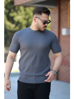 Pileli Store Pilelistore- Erkek Bisiklet Yaka Örgü Desenli Kısa Örme Triko Kısa Kollu T-Shirt