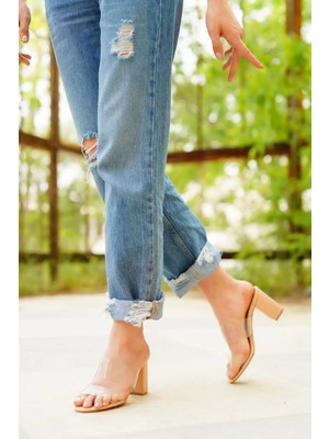 Ayakkabı Ateşi Nude Deri Cilt Şeffaf Kadın Topuklu Terlik Ressa