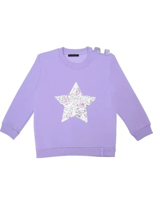 Sisley Kız Çocuk Sweatshirt Lila Pul Payet Işlemeli Şardonlu Omuz Detaylı