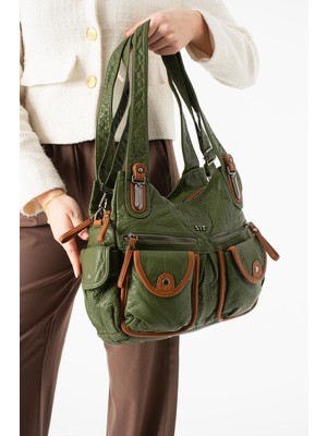 571 Collections Çanta Yıkanmış Deri Çok Bölmeli Omuz Çantası Yeşil Model:(571-14-18A)