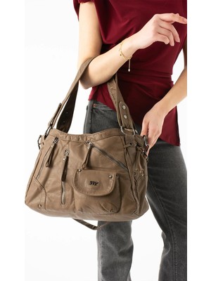 571 Collections Çanta Yıkanmış Deri Çok Bölmeli Omuz Çantası Kahverengi Model:(571-14-11K)