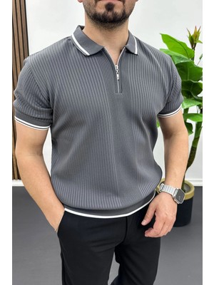 Edwox Erkek Polo Yaka Çizgili Tişört Füme EDW472