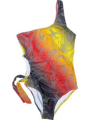 Look Me Gün Batımı Renkli Degrade Asimetrik Kesim Büzgülü Kız Çocuk Mayo