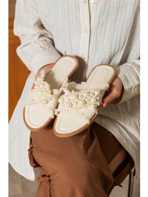 Dabab Shoes Mırella Kadın Incili Hasır Dokulu Acı Kahve Düz Terlik