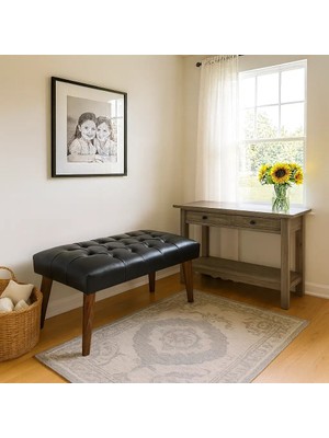 Waterybrook Bench Bank Puf - Suni Deri - Ceviz Ahşap Ayaklı - Retro Modern Tasarım & Dekoratif Sehpa