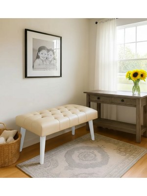 Waterybrook Bench Bank Puf - Suni Deri - Beyaz Ahşap Ayaklı - Retro Modern Tasarım & Dekoratif Sehpa