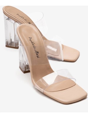 Ayakkabı Ateşi Bej Cilt Şeffaf Kadın Şeffaf Topuklu Ayakkabı