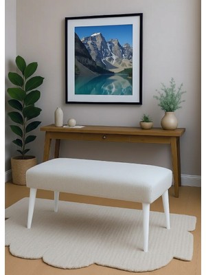 Waterybrook Bench Bank Puf -  Keten - Beyaz Ahşap Ayaklı - Retro Modern Tasarım & Dekoratif Sehpa