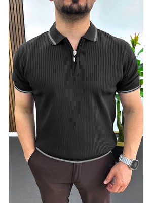 Edwox Erkek Polo Yaka Çizgili Tişört Siyah EDW472