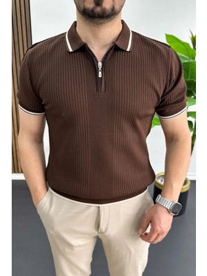 Edwox Erkek Polo Yaka Çizgili Tişört Kahverengi EDW472
