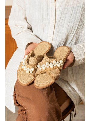 Dabab Shoes Mırella Kadın Incili Hasır Dokulu Acı Kahve Düz Terlik