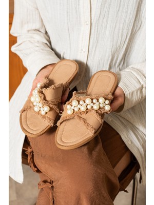 Dabab Shoes Mırella Kadın Incili Hasır Dokulu Acı Kahve Düz Terlik