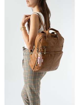 571 Collections Çanta Yıkanmış Deri, Çok Gözlü, Laptop Bölmeli Sırt Çantası (Gündelik, Seyahat) Taba Model: (571-14-17N)