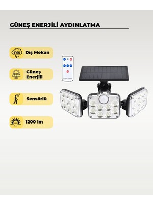 AC Aydınlatma 138 LED Solar Projektör Sensörlü Kumandalı 6500K Beyaz Işık 1200 Lümen IP65 Güneş Enerjili Dış Mekan Aydınlatma