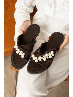 Dabab Shoes Mırella Kadın Incili Hasır Dokulu Acı Kahve Düz Terlik