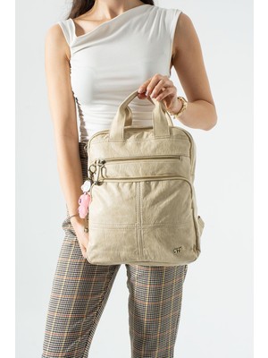 571 Collections Çanta Yıkanmış Deri, Çok Gözlü, Laptop Bölmeli Sırt Çantası (Gündelik, Seyahat) Bej Model: (571-14-17N)