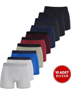 Tudors Erkek Slim Fit Düz Desenli Premium Seri Boxer 10'lu Renkli Likralı Pamuklu Set