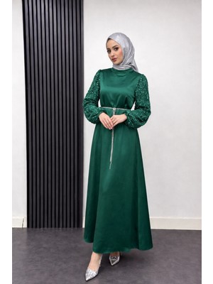 Tesettür Diyarı Kolları Boncuk Işlemeli Zehra Abiye-Zümrüt