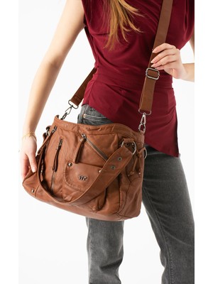 571 Collections Çanta Yıkanmış Deri Çok Bölmeli Omuz Çantası Taba Model:(571-14-11K)