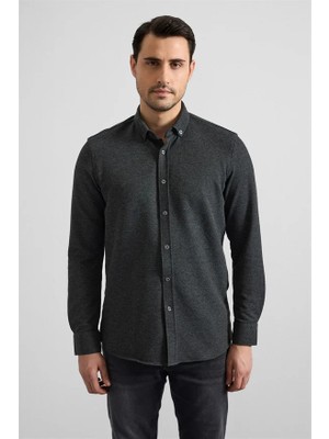 Süvari Antrasit Slim Düğmeli Yaka Manşetli Casual Gömlek