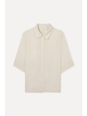 Mudo Kadın Ekru 3/4 Kol Oversize Keten Gömlek