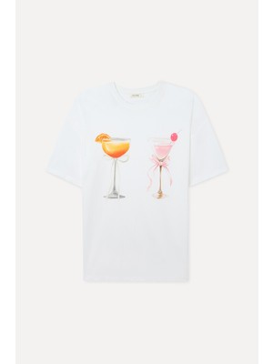 Mudo Kadın Kırık Beyaz Baskılı Loose Fit Bisiklet Yaka T-Shirt
