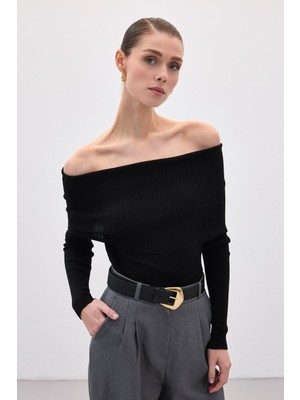 Sateen Madonna Yaka Fitilli Siyah Triko Bluz – Omuz Dekolteli Uzun Kollu Şık Kadın Bluz