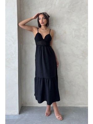 Topshow Siyah Askılı V Yaka Keten Maxi Elbise – Yazlık Kadın Uzun Elbise