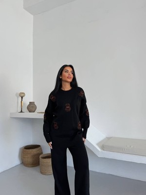 Siyah Ayıcık Desenli Oversize Triko Takım