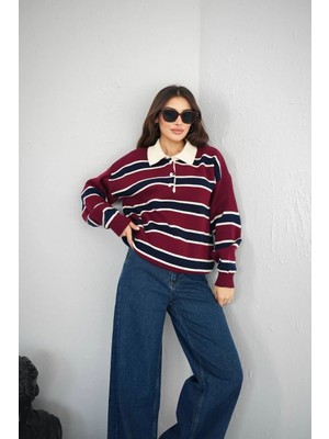 Polo Yaka Çizgili Triko Kazak – Rahat Kesim, Zamansız Stil-Bordo
