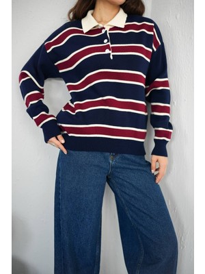 Polo Yaka Çizgili Triko Kazak – Rahat Kesim, Zamansız Stil-Mavi