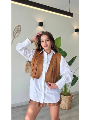 Püskül Detaylı Modern Yelek – Güçlü ve Özgür Stil-Taba