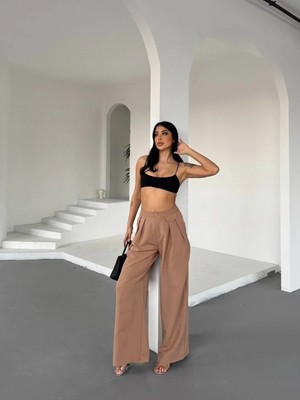 Yüksek Bel Bol Paça Dökümlü Kumaş Pantolon-Coffy