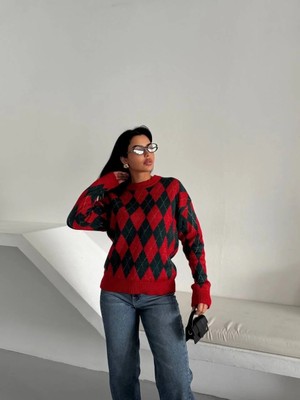 Baklava Desenli Bisiklet Yaka Triko Kazak