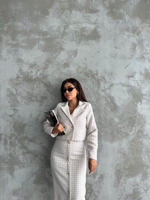 Dokulu Gold Düğmeli Midi Etek & Kısa Ceket Ikili Takım