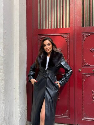 Kemerli, Kürk Detaylı Uzun Deri  Kadın Kaban