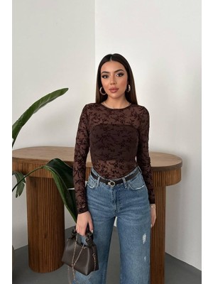 Kahverengi Desenli Transparan Uzun Kollu Bluz