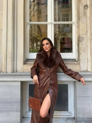 Kemerli, Kürk Detaylı Uzun Deri  Kadın Kaban