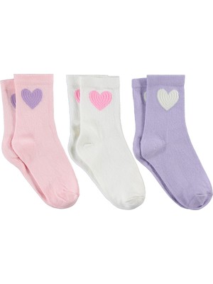4165 Civil Girls Kabartma Kalp 3'lü 2-12 Yaş Kız Soket Çorap - Standart 8-9 Yaş