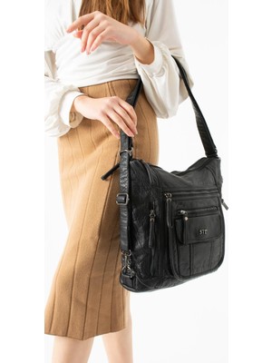 571 Collections Çanta Yıkanmış Deri Hem Sırt Hem Omuz Çantası Siyah Model: (571-14-18D)