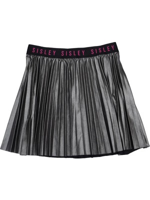 Sisley Kız Çocuk Etek Metalik Gri Pileli Beli Lastikli Marka Logolu