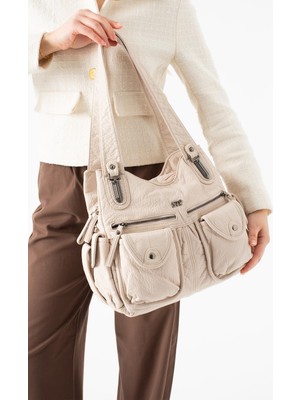 571 Collections Çanta Yıkanmış Deri Çok Bölmeli Omuz Çantası Bej Model:(571-14-18A)