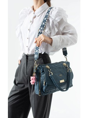 571 Collections Çanta Yıkanmış Deri Çok Cepli Omuz Çantası Mavi Model:(571-14-17O)