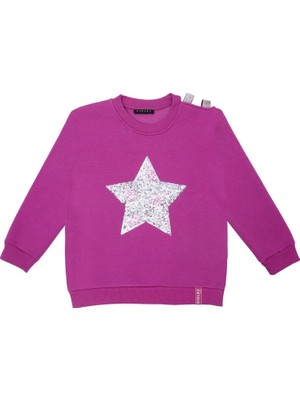 Sisley Kız Çocuk Sweatshirt Fuşya Pul Payet Işlemeli Şardonlu Omuz Detaylı