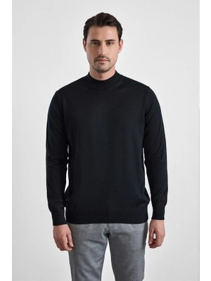 Süvari Siyah Regular Düz Yarım Balıkçı Yaka Kazak