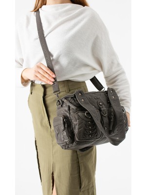 571 Collections Çanta Yıkanmış Deri Çok Bölmeli Omuz Çantası Gri Model:(571-14-18B)