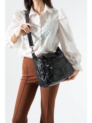 571 Collections Çanta Yıkama Deri Çok Gözlü, Çapraz omuz Çantası Siyah MODEL:(571-14-12U)